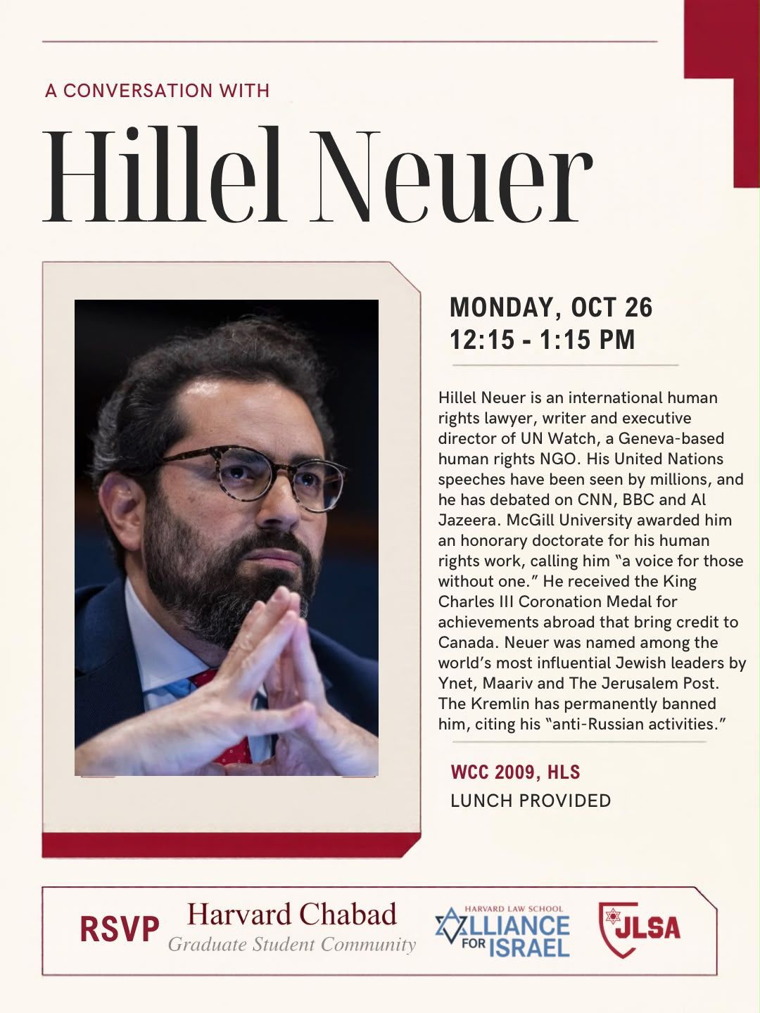 A Conversation with Hillel Neuer, Monday Oct 26, 12:15-1:15 PM, WCC 2009