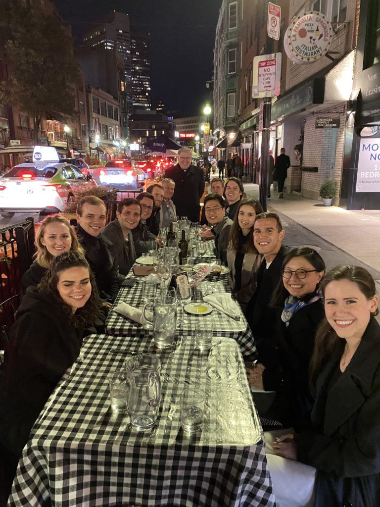 Group dining on a patio. 