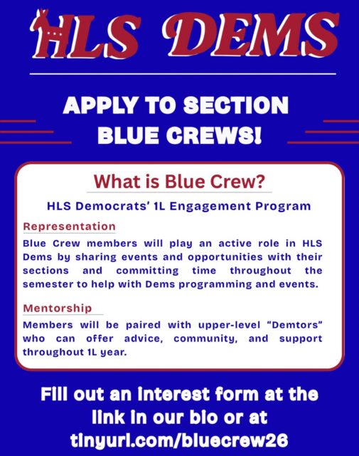 CALLING ALL 1Ls!! If you’re interested in getting more involved with Dems but want a lower lift while you get into the swing of things, being apart of our engagement program is a great place to start. Reach out to us with any questions 💙