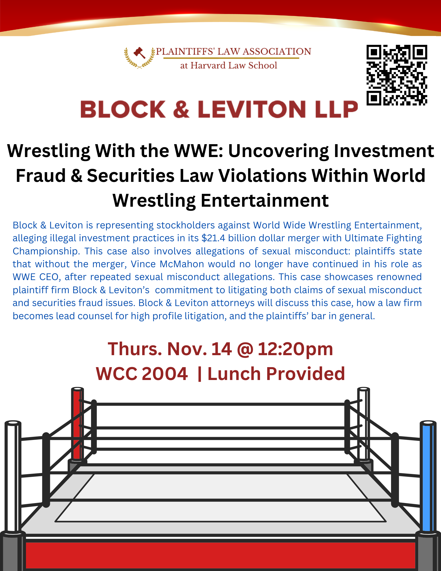 Block & Leviton is representing stockholders against World Wide Wrestling Entertainment, alleging illegal investment practices in its $21.4 billion dollar merger with Ultimate Fighting Championship. This case also involves allegations of sexual misconduct: plaintiffs state that without the merger, Vince McMahon would no longer have continued in his role as WWE CEO, after repeated sexual misconduct allegations. Kimberly Evans, of Block & Leviton stated: “All of the claims in this litigation stem from one thing: Vince McMahon's pervasive sexual misconduct against many women in the WWE organization for several years.” This case showcases renowned plaintiff firm Block & Leviton’s commitment to litigating both claims of sexual misconduct and securities fraud issues. Block & Leviton attorneys will discuss this case, how a law firm becomes lead counsel for high profile litigation, and the plaintiffs’ bar in general.